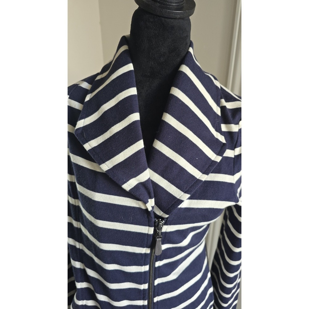 TALBOTS Women Navy White Stripe Asymmetrical Zip Sweater Jacket SZ S 100% Cotton